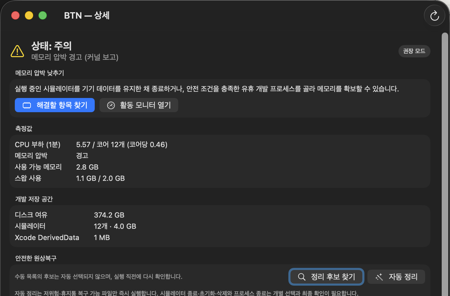 BTN 메모리 압박 진단 화면