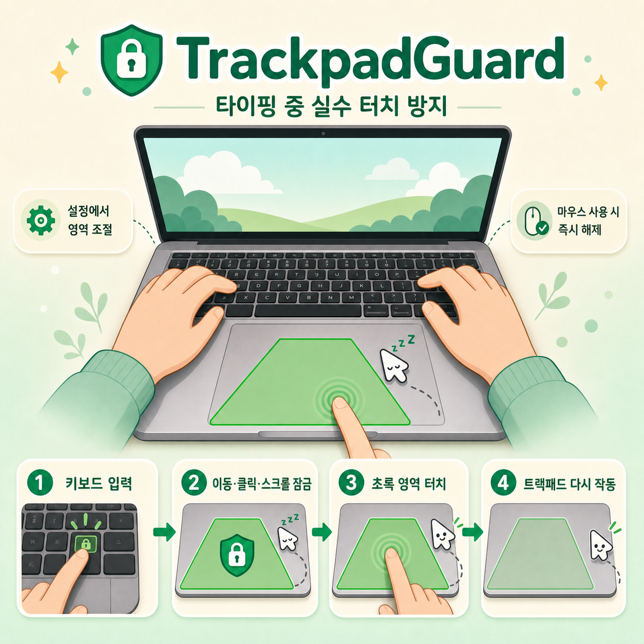 기존 TrackpadGuard 트랙패드 보호 안내 개념 설명 그림 (키보드 입력 중 트랙패드 잠금 및 초록 영역 터치 해제)