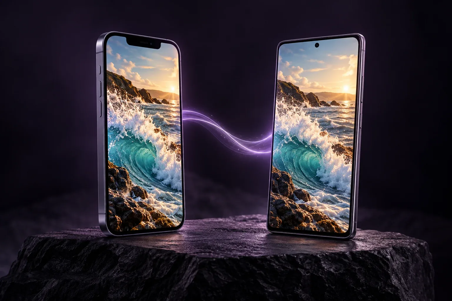 같은 바닷가의 순간을 보여 주는 iPhone과 Android를 연결한 제품 연출 이미지